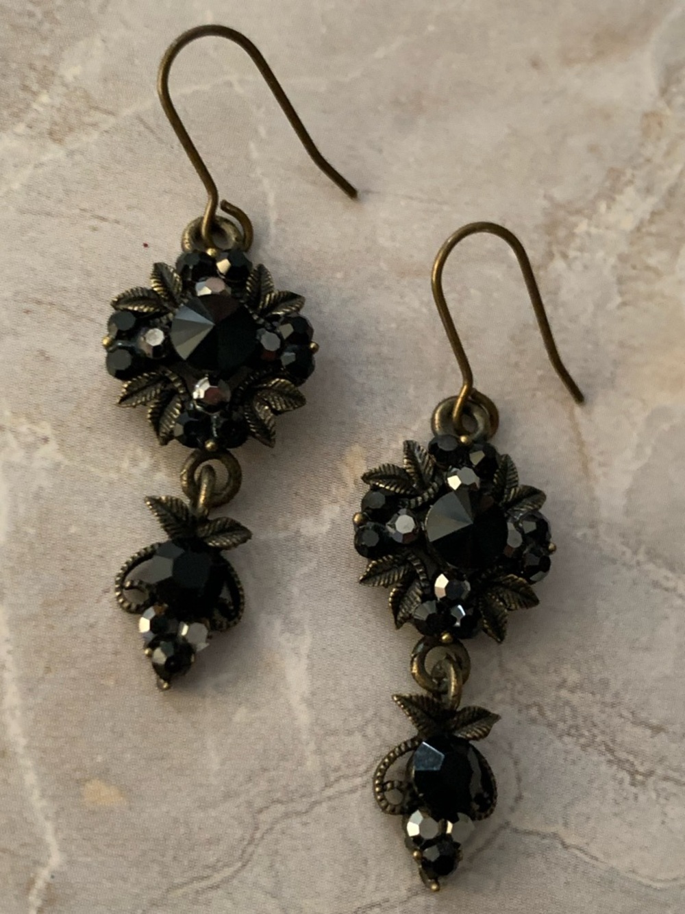 Vintage-Style Black Crystal and Marcasite Drop Earrings